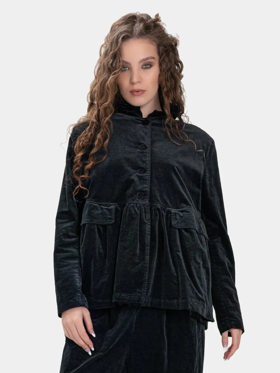 Gathered Velvet Jacket with Flap Pockets