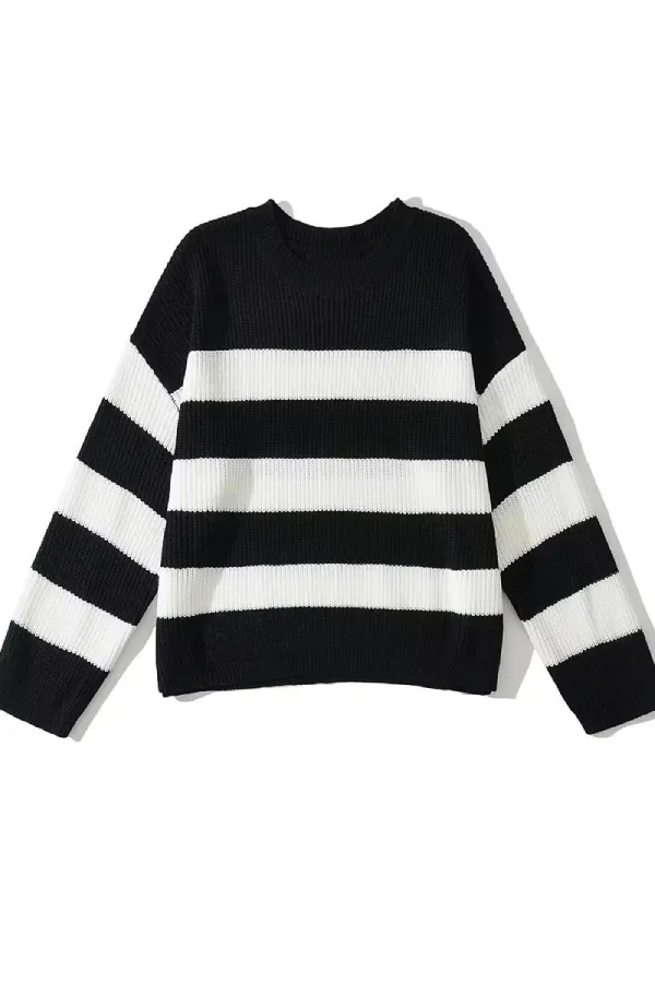 Loose-fitting, Versatile Striped Contrast-color Pullover Knitted Sweater